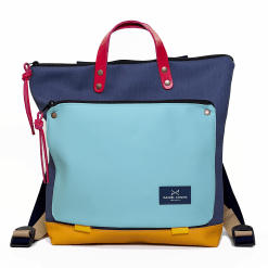 Mochila cuadrada azules y mostaza