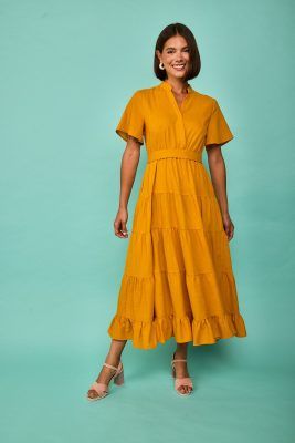 Alternative view of Vestido midi vuelo mostaza