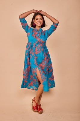 Alternative view of Vestido midi turquesa hojas coral
