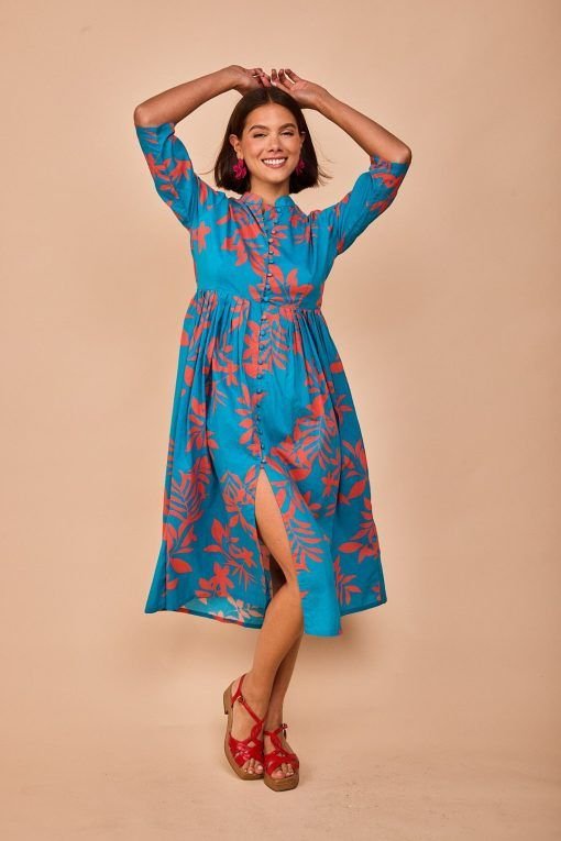 Vestido midi turquesa hojas coral - Imagen 2