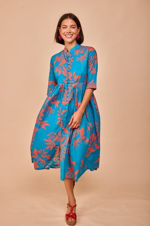 Vestido midi turquesa hojas coral - Imagen 4