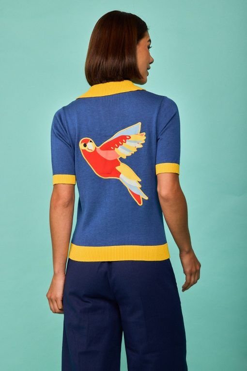 Polo azul bordado pájaros - Imagen 4