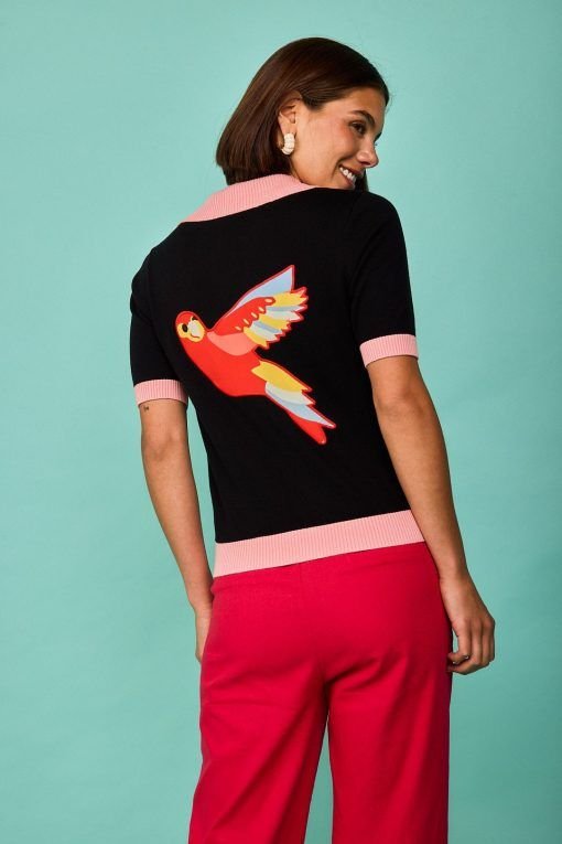 Polo negro bordado pájaros - Imagen 2