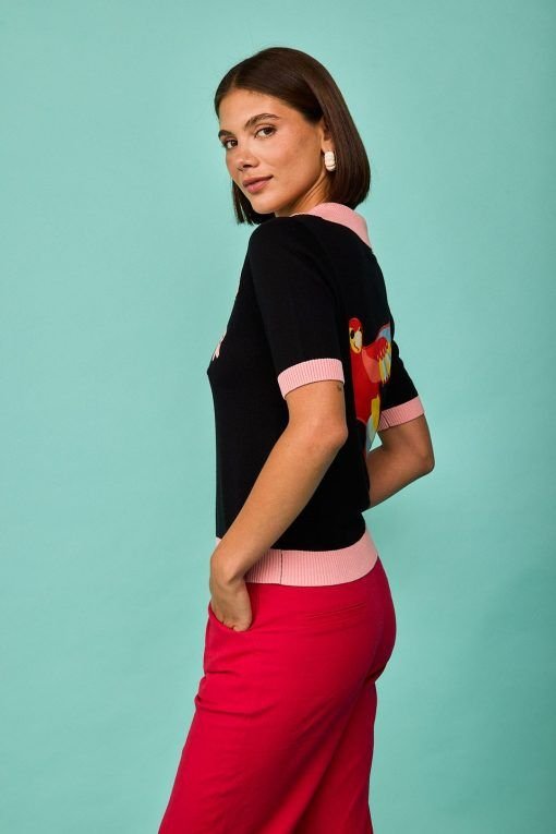 Polo negro bordado pájaros - Imagen 5