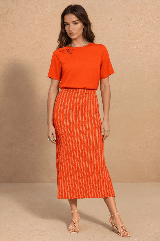 Falda midi canalé naranja geo