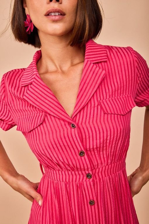 Vestido largo camisero de rayas rosas - Imagen 3