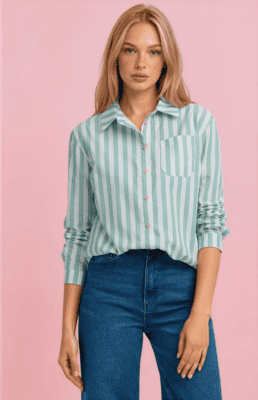 Camisa de rayas verde agua con botones contrastados