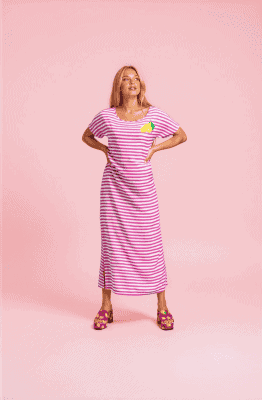 Vestido largo rayas rosa limonada