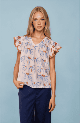 Blusa mangas volante bordado palmeras