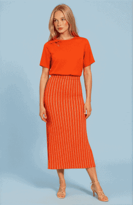Falda midi canalé naranja geo