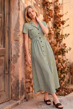 Vestido largo camisero de rayas verdes